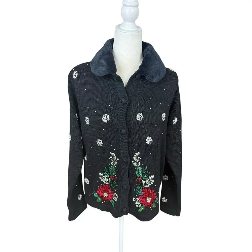 Victoria Jones Sweater Womens Size P/M Black‎ Wool Fur Collar Christmas Cardigan